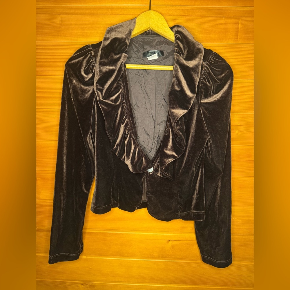 Elegant Velvet Brown Ruffle Jacket